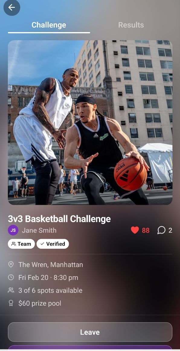 A challenge detail screen with Challenge and Results tabs, team and verified badges, venue, time, slots and prize pool, plus Leave and Declare Winner actions.