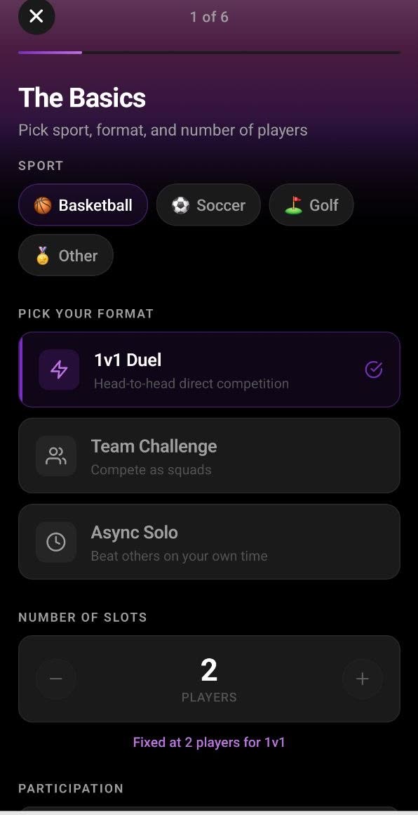Step 1 of 6 of the create-challenge flow: pick a sport, choose 1v1 Duel, Team Challenge or Async Solo, and set the number of slots.
