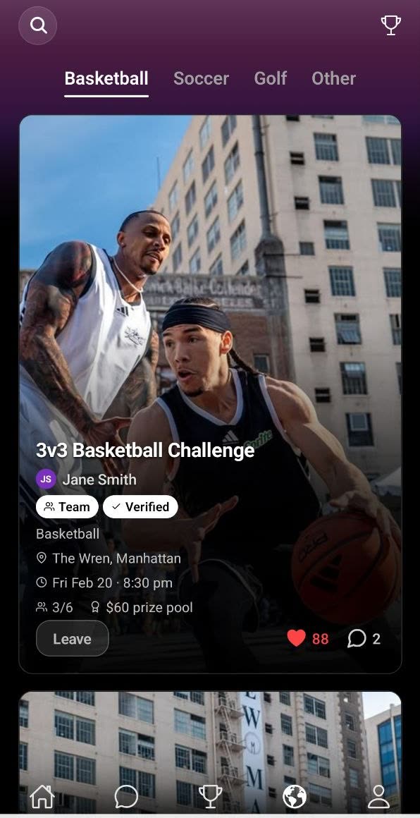 The discover feed filtered to Basketball, showing a 3v3 Basketball Challenge by Jane Smith at The Wren, Manhattan with 3 of 6 slots filled and a $60 prize pool.