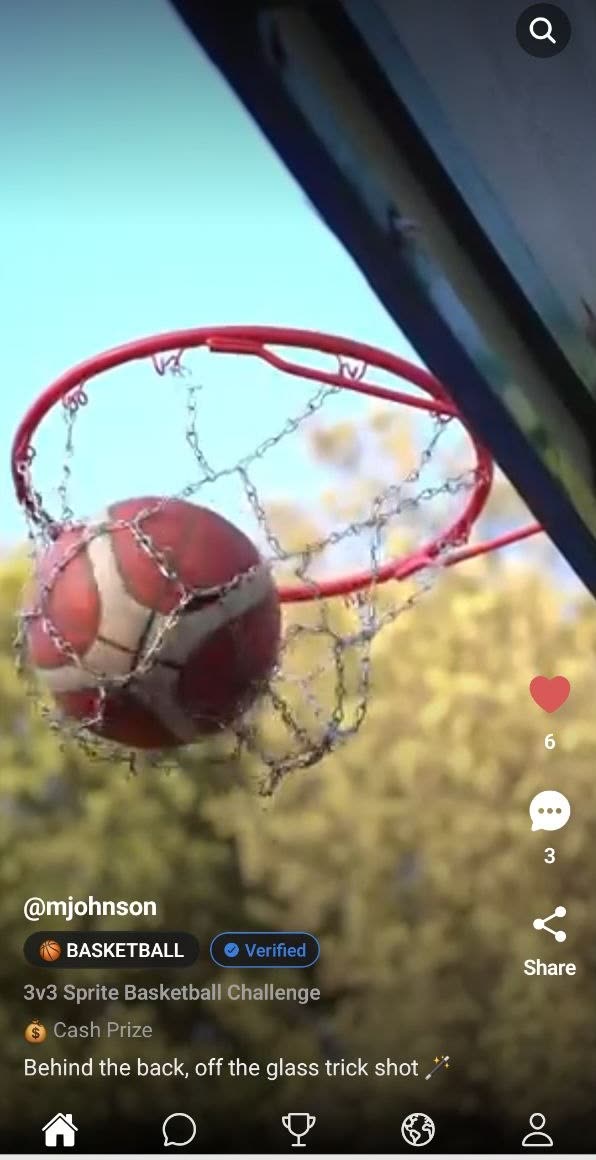 The Reality Games highlight feed: a verified trick shot from @mjohnson tagged Basketball and Cash Prize, with like, comment and share counts.