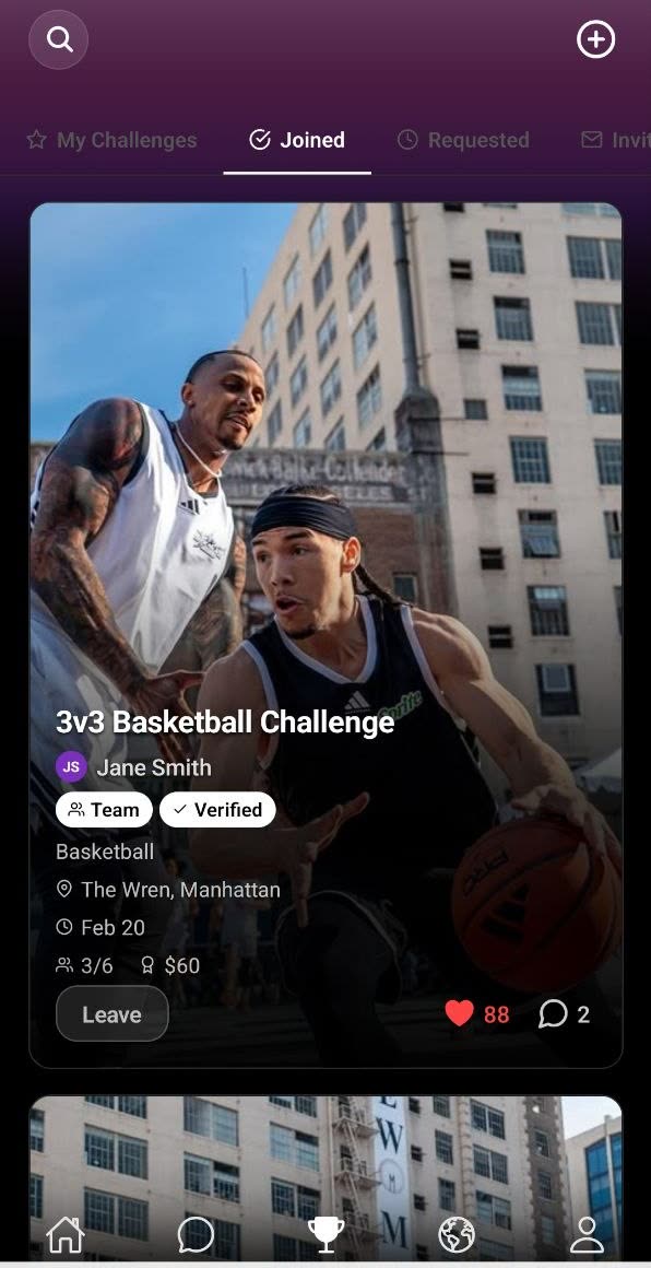 The My Challenges screen on the Joined tab, listing challenges the player has entered alongside Requested and Invited tabs.