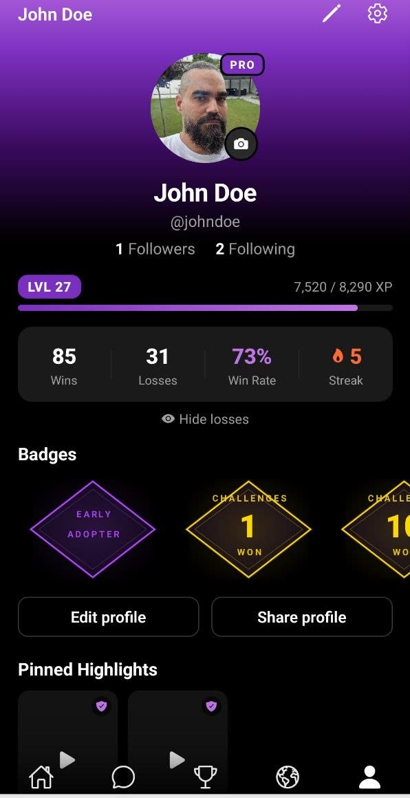 A player profile at level 27 with a Pro badge, 7,520 of 8,290 XP toward the next level, 85 wins, 31 losses, a 73 percent win rate, a 5-win streak, and earned badges.